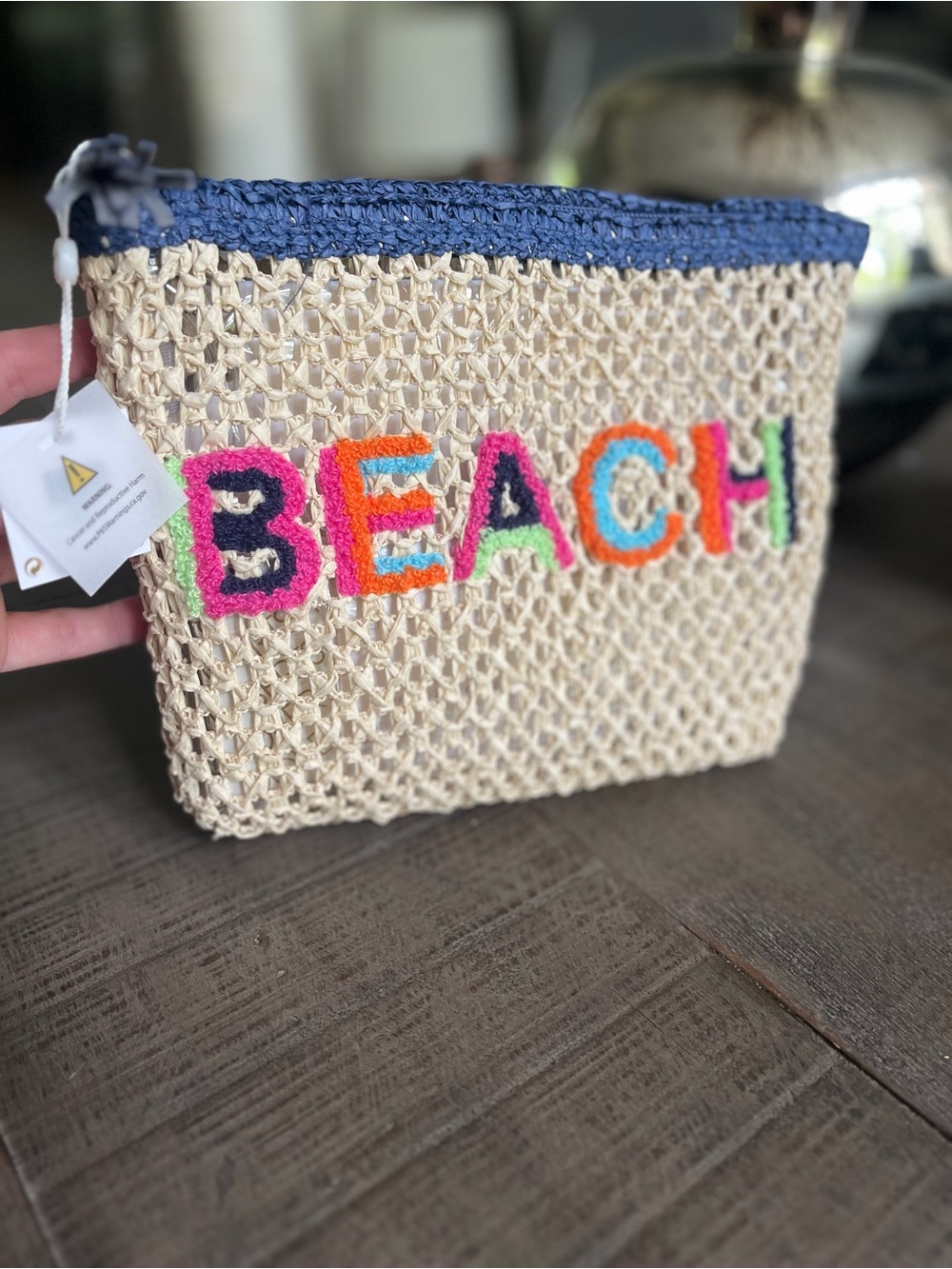 Beach Crochet Straw Pouch with Multicolor Lettering